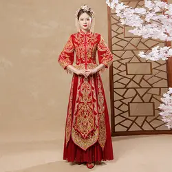 Восточный древний Свадебный костюм красный для женщин брак платье Изысканный Вышивка Cheongsam набор китайский невесты Винтаж Qipao
