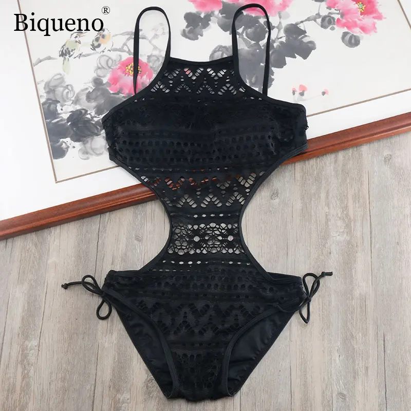 

Summer Beach Black Sexy Lace One Piece Swimsuit Bikini Summer Women Halter Hollow Swimwear One-Piece Bathing Suit Beachwear