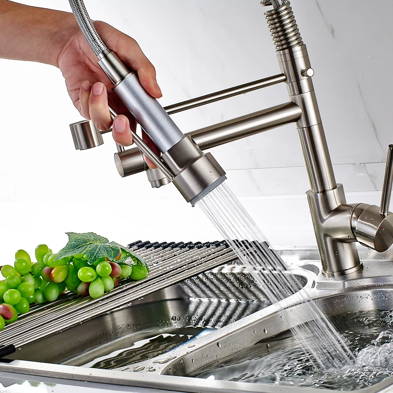 FLG Newly Design 360 Swivel 100% Solid Brass Single Handle Mixer Sink Tap Pull Out Down Kitchen Faucet In Brushed Nickel