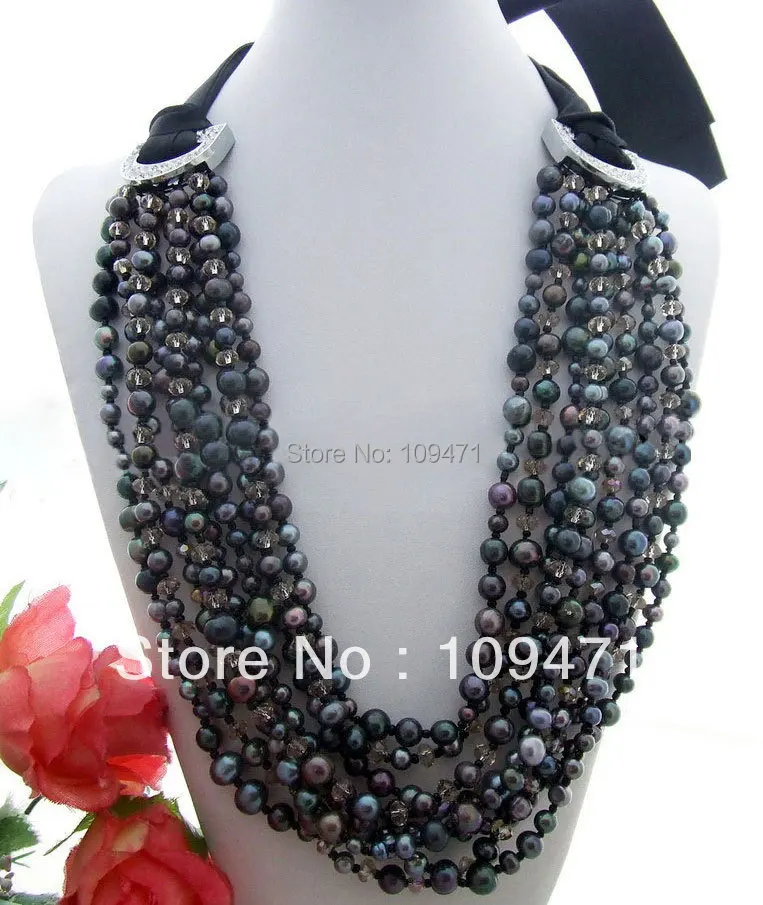 

Beautiful! 9Strds Black Pearl&Crystal Necklace