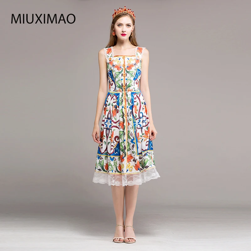 

Europe Fashion 2017 Autumn Newest Slash Neck Spaghetti Strap Porcelain Print Lace Patchwork Elegant Knee-Length Dress Women