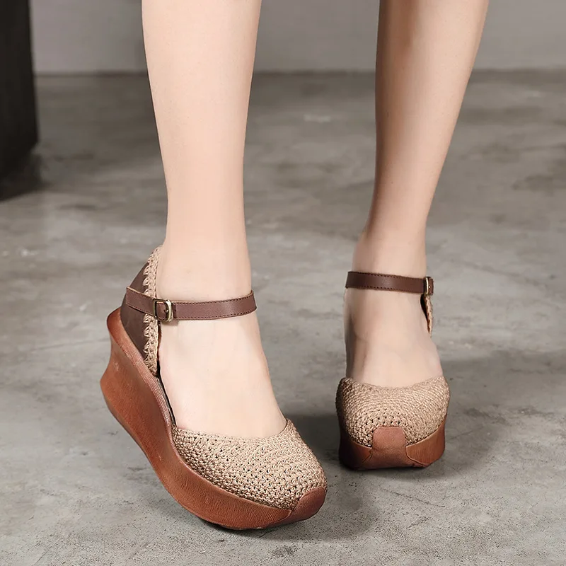 Artdiya zapatos de cuero para mujer tejidos nuevos hechos a mano moda  literaria zapatos de muffin de fondo grueso zapatos de tacón nacional  aumento de pendiente|Zapatos de tacón de mujer| - AliExpress
