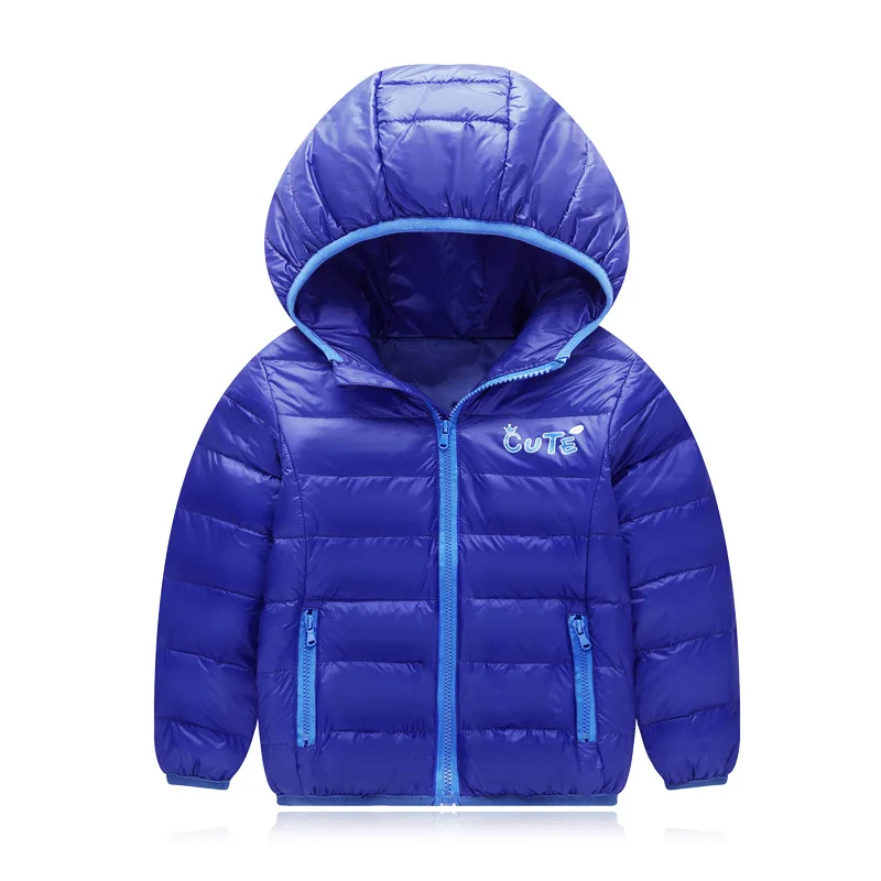 Зимние Новая коллекция; Детский пуховик на детей с буквенным узором двойные штаны с пуховой курткой с капюшоном пуховая куртка для мальчиков и девочек - Цвет: Синий