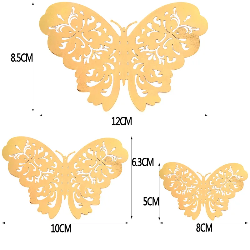 12 Pcs/Set 3D Hollow Butterflies Wall Stickers For Fridge Door Sticker 3 Sizes Silver Rose Gold Home Wedding Decor Paper Crafts
