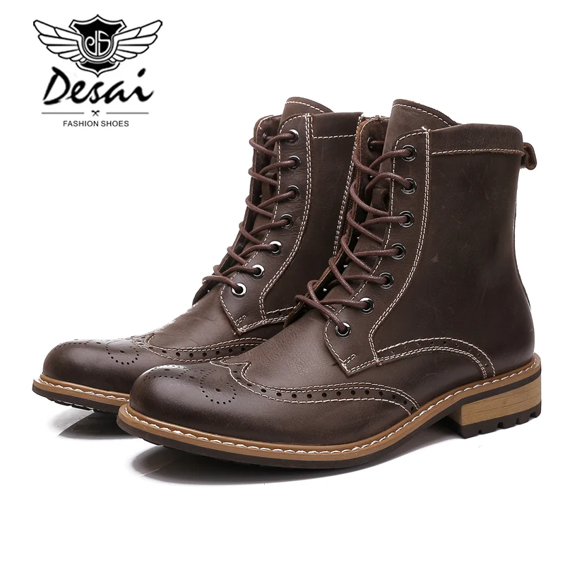 

Desai Brand Men's Military Boot Brogue Carved Genuine Leather Motorcycle High Boots Knight Boots Oxfords EUR Size 39-43