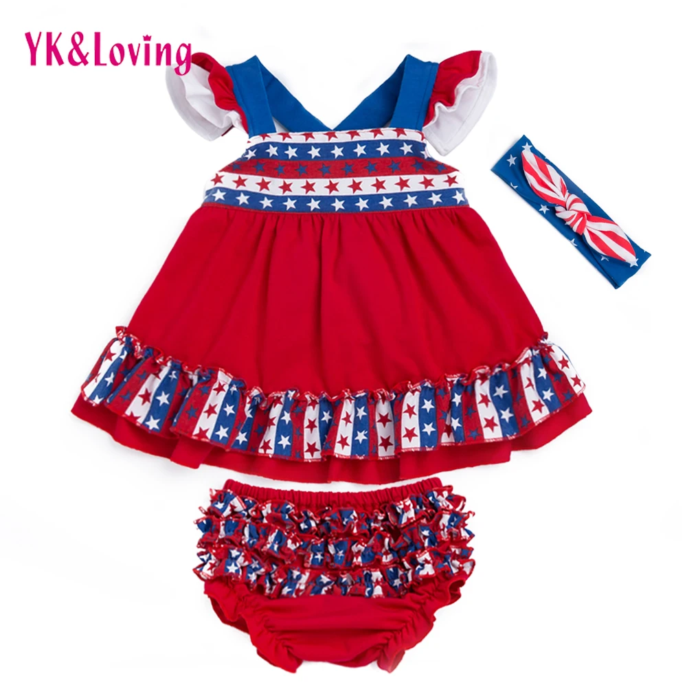 

3 Piece Clothing Sets Baby Swing Top 2017 Summer Style 4th of July Infant/Newborn Dress + Shorts + Headband Toddlers Clothes