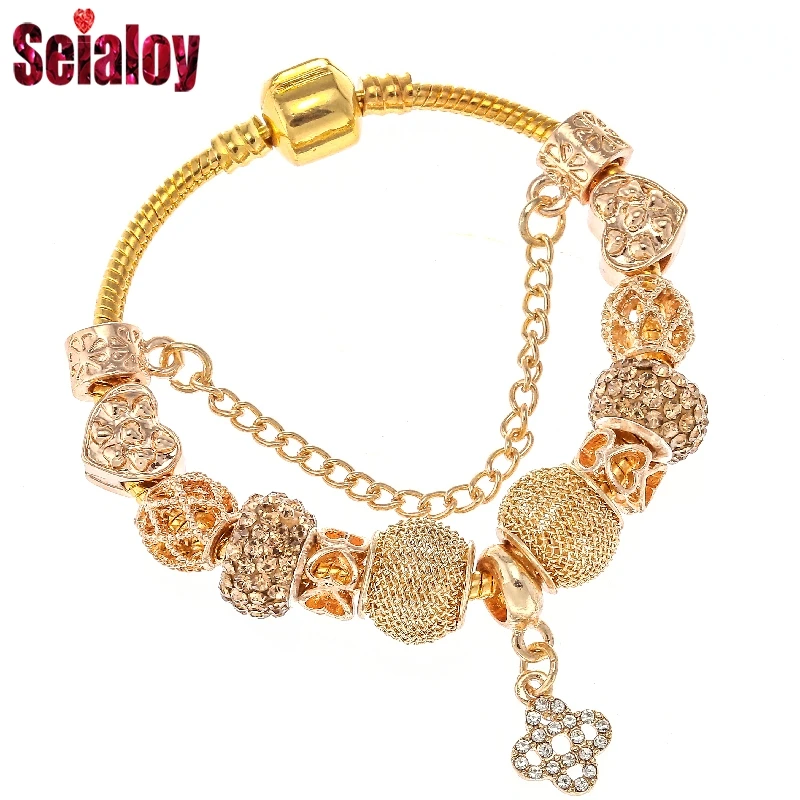 

SEIALOY Local Gold Pandora Bracelet For Women Men DIY High Rhinestone Glass Beads Cross Fit Homme Charm Bracelets Bangles Gifts