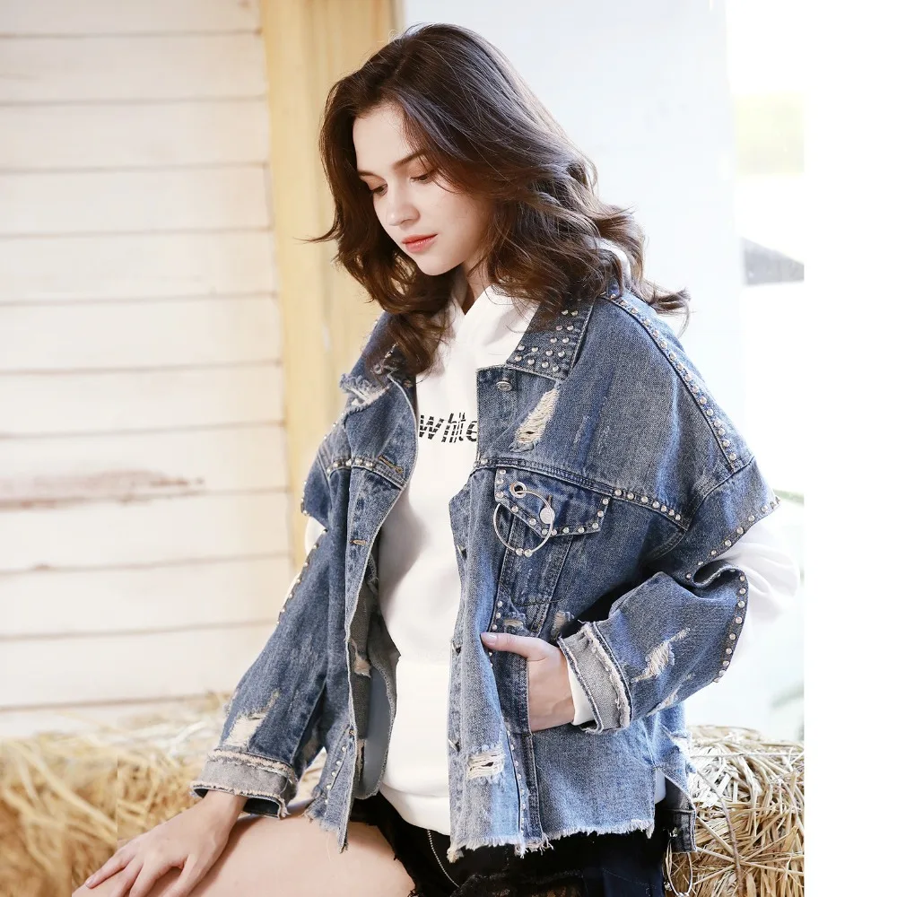 

Fashion Spring and Autumn Women's Loose rivet Denim Jacket Denim tops Personality hole punk style Women clothing