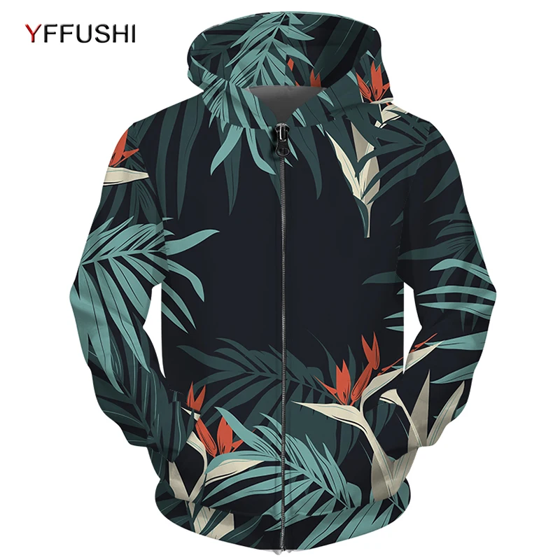 YFFUSHI Full Printed Jacket for Men Leaves Printed Zipper