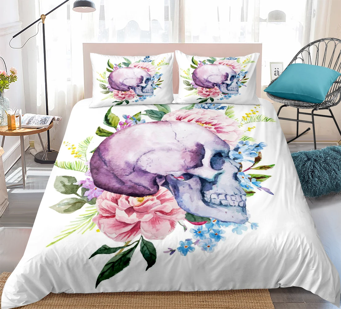 Skull Bedding Set Colorful Duvet Cover Set Pink Floral Microfiber