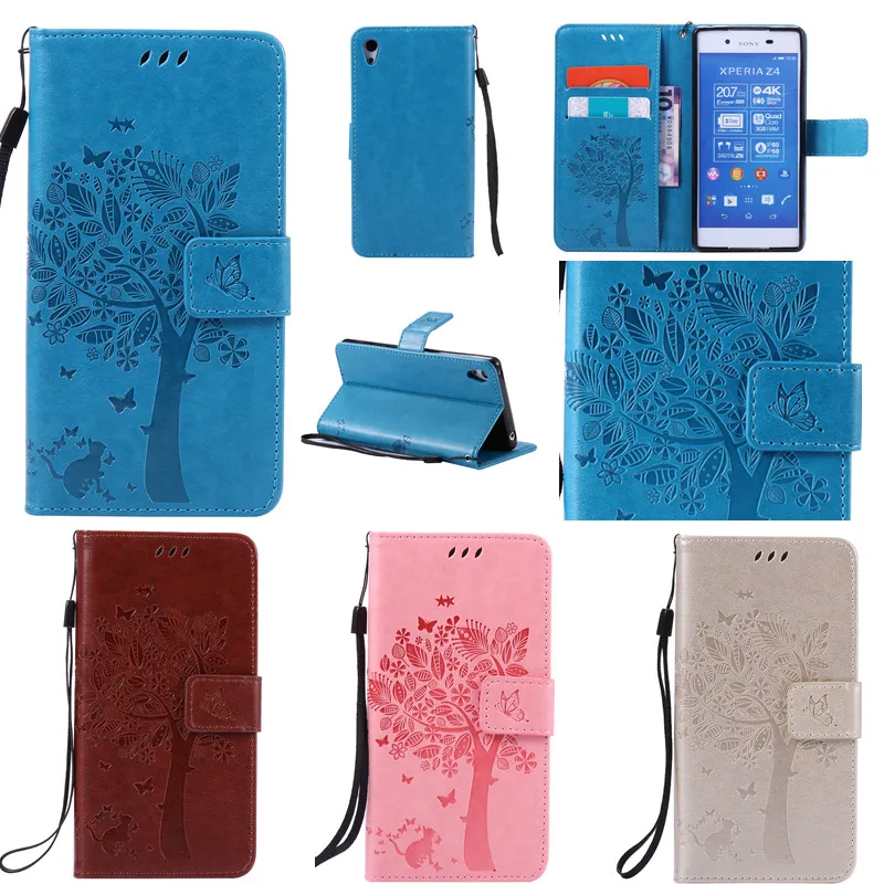 

For Sony Z3 Z4 Z5 Luxury Cute Cartoon Cat and Tree Wallet Flip Funda Brand Case For Sony Xperia Z3 Z4 Z5 Mini Compact Back Cover