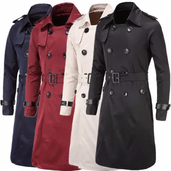 European Classic Full length Male Trenchcoat Jacket Extra Long Black Trench Coat Men Double Breasted Belted Beige Burgundy Navy flounce trim belted coat