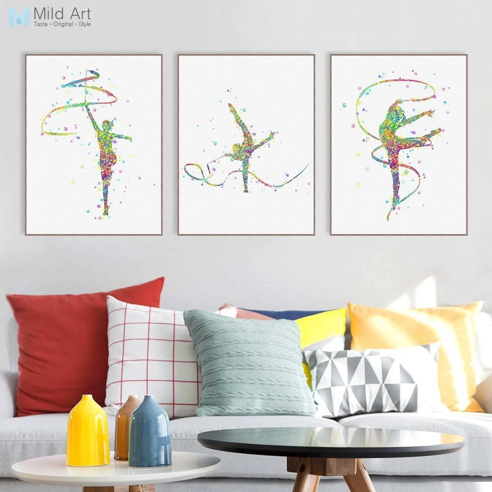 Triptyque Moderne Aquarelle Ruban Abstrait Gymnastique Art Imprimer Affiche Belle Fille Chambre Mur Photo Toile Peinture Maison Deco Aliexpress