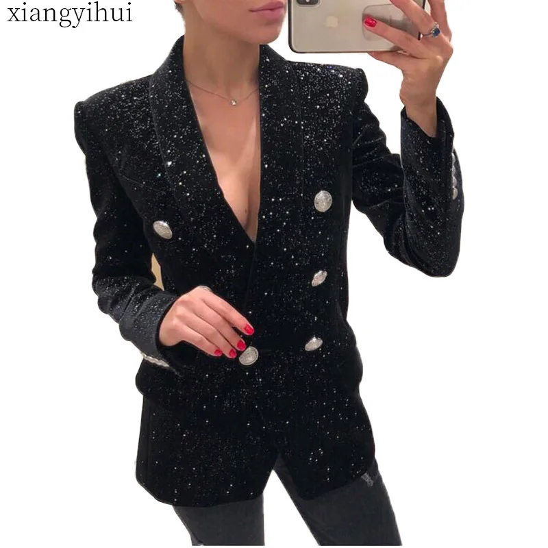 

Black Blazer Coat Women Fashion Notched Collar Long Sleeve Jacket Outwear Office Lady Double Breasted Blazers Casual Blazers