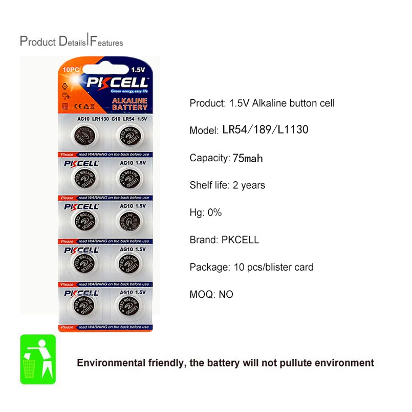 500 шт./50 карт PKCELL 1,5 В AG10 LR54/189/L1130 кнопки щелочные монета Батарея