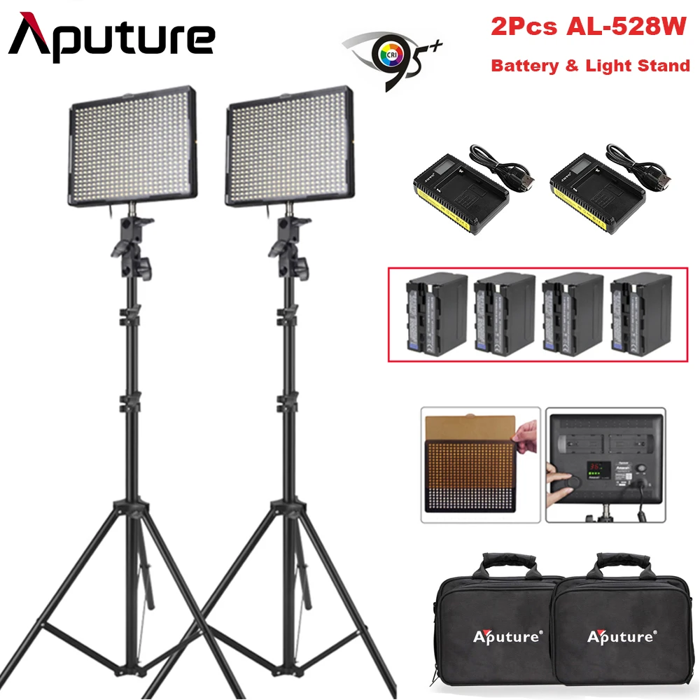 

2Pcs/lot Aputure Amaran AL-528W LED Video Studio Camera Photo Light Panel Kit with Battery Pack & Battery Charger Light Stand