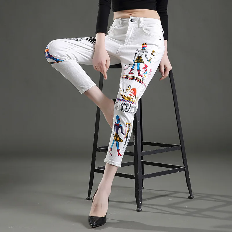 Весенние и летние новые европейские и американские модные женские джинсы с 9 точками, женские мешковатые джинсы с белым принтом Гарун брюки