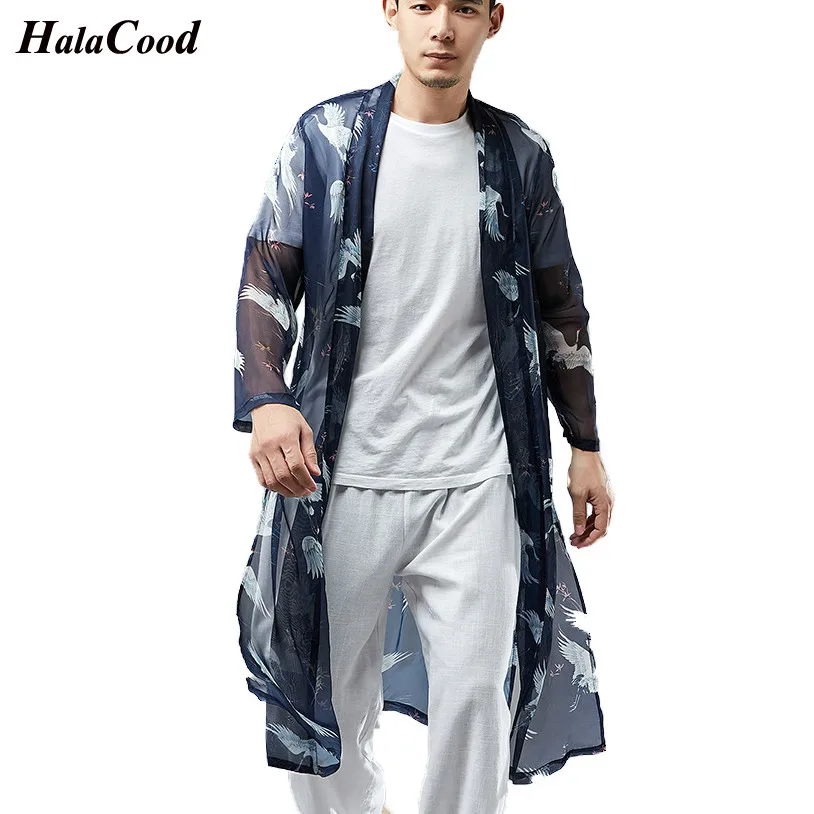 

HALACOOD China Style Men Spring Summer Long Cardigan Trench Coat Outerwear Men Fashion Casual Loose Thin Kimono Jacket Overcoat