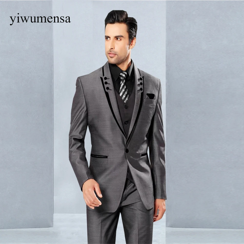 Us 7644 46 Offcostume Homme Mariage Wedding Suits For Men Grey With Black Mens Suits With Pants Custom Made 3 Pieces Suits Men Slim Fit 2019 In