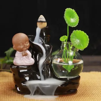 

Backflow Incense Burner Tower Cones Holder with Hydroponic Vase Small Monk Lotus Aromatherapy Burner Creative Decoration Tea Pet