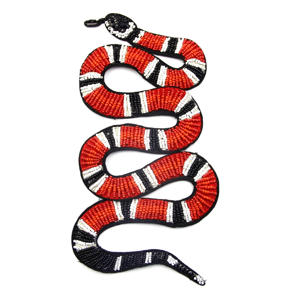 Red Beaded Snake Patches Serpent Applique Sew On Patches For Clothing
