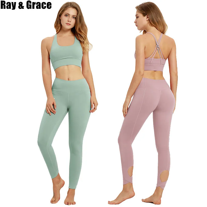 

RAY GRACE Women Suit Yoga Set Bra Tops Leggings Tracksuit Gym Sportswear Fitness Clothing Running Workout Gym Sports 2Pcs Sets