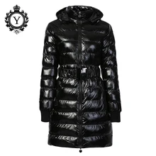 COUTUDI 2016 Длинные Женщины Clothing Зима Теплая Куртки Блестящий Сплошной Черный Парки Хлопок Пальто Женский Водонепроницаемый Ремень Куртка Пальто