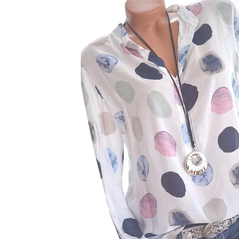 

Women Summer Spring Clothes Geometric Long Sleeve Casual Loose V-Neck Button Shirt Regular Size Pullover Chiffon Blouse