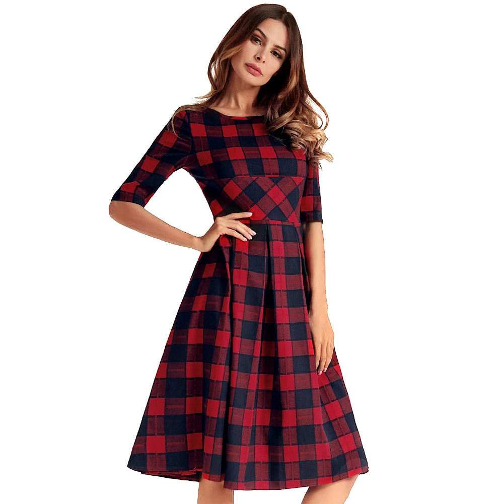 2019 New Women Plaid Check Dress V Back Knee Length Female