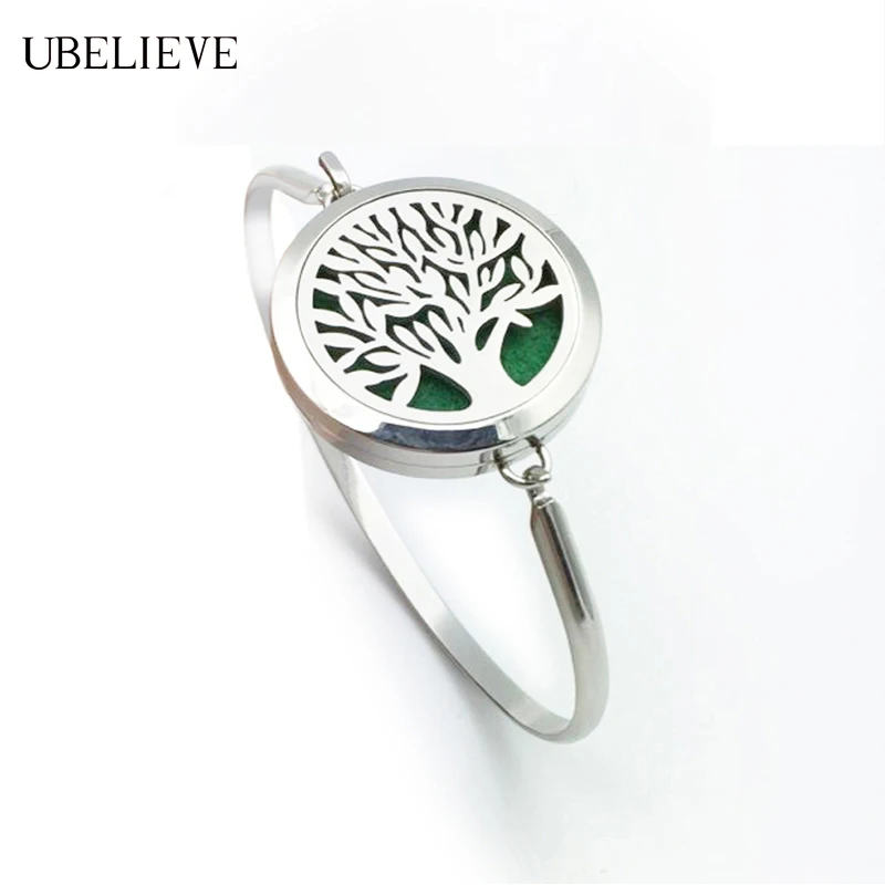 

Tree of life Stainless steel Round Magnet Essential Oil Diffuser Bangle Bracelet Aroma Perfume Locket Bangle For Women