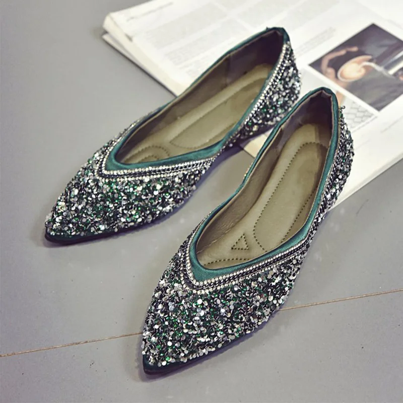 

Spring Women Ballet Flats Pointed Toe Shallow Mules Female Elegant V Open Sequined Flat Single Shoes Slip On Ladies Casual Shoes