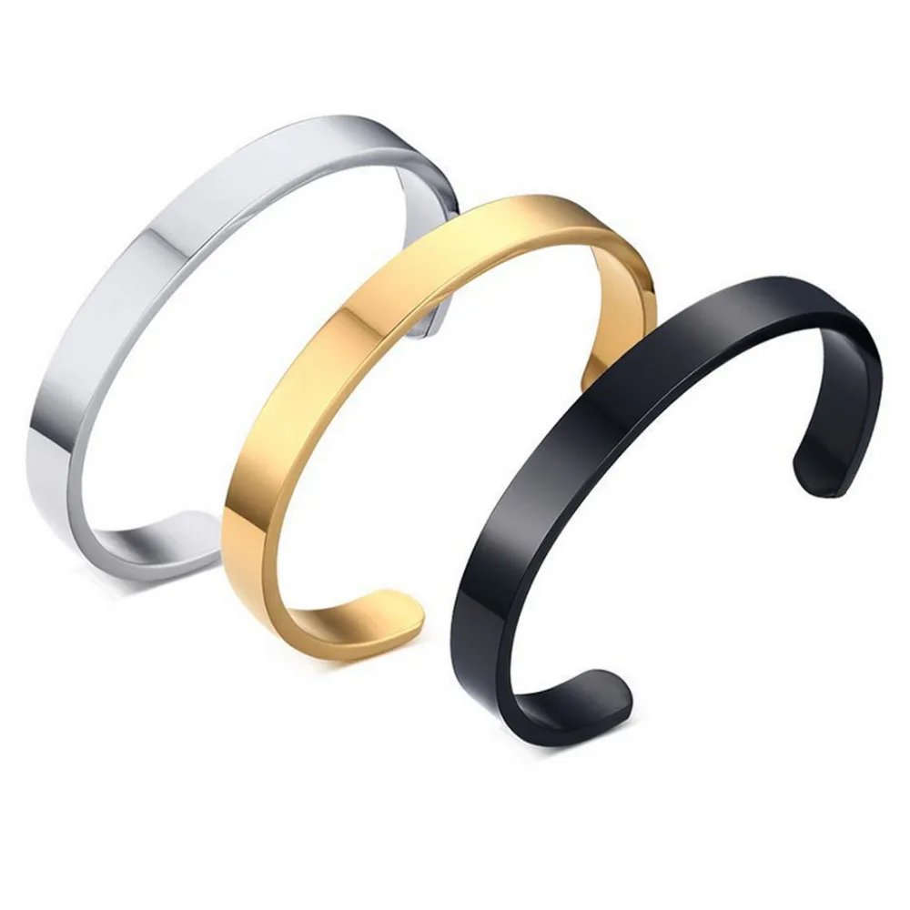 

New Hot Sell Women Men Shinny Silver/Gold/Black Stainless Steel Open C Bangle 8mm