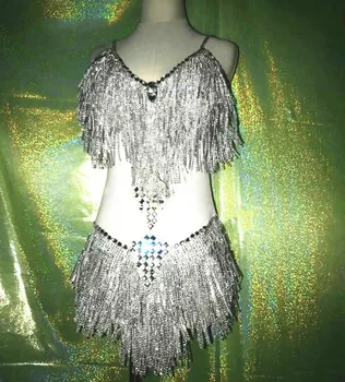 

Sexy DJ Female Sparkling Bikini Set Nightclub Bar Costume Women Flash Diamond Tassels Bra Shorts Suit Lead Dance Stage Show Wear