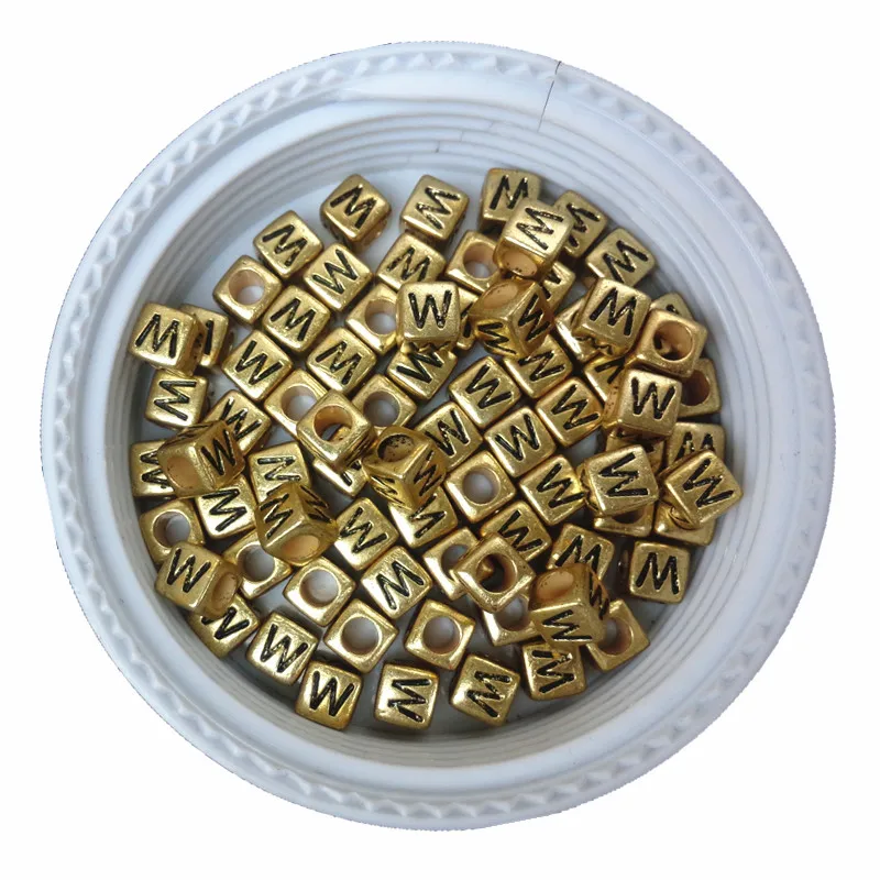 Новейшие золотые цветные с черным принтом смешанные A-Z бусины с алфавитом 6*6 мм квадратные Акриловые Кубики пластиковые буквы браслет бусины - Цвет: W