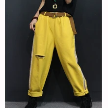 Женские джинсовые штаны джинсы с кроем для женщин брюки свободные большие боковые полосы отверстия модные повседневные для весны 91023