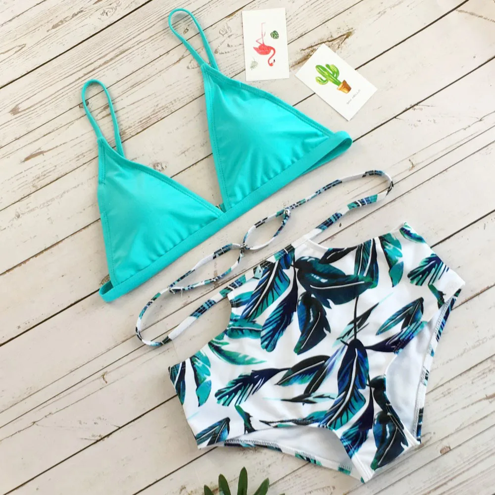 En Ligne Sexy Tropical palmier feuille taille haute Bikini 2019 maillots de bain femmes maillot de bain femme découpé maillot de bain Biquini baigneurs Biquine
