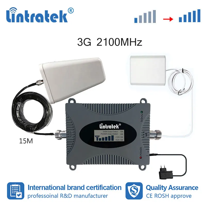 

Lintratek 65dB Gain 3G WCDMA 2100mhz Signal Booster 3G Internet LCD Display Cellular Repeater Amplifier UMTS Antenna Set s6+2