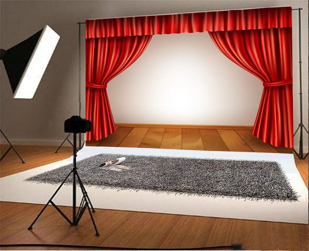 

7x5t Photography Backdrop Red Curtain Stage White Wallpaper Vintage Stripes Wood Board Theater Show Adultls Photo Background