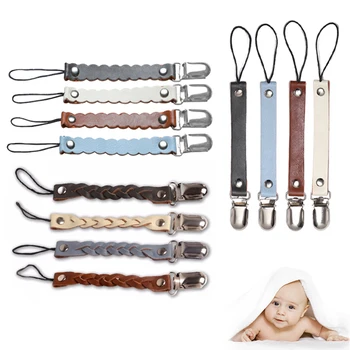 

Leather Short Braided Baby Pacifier Chain Clip Soother Nipple Holder Clasps Metal Dummy Pacifier Clips Attache Feeding