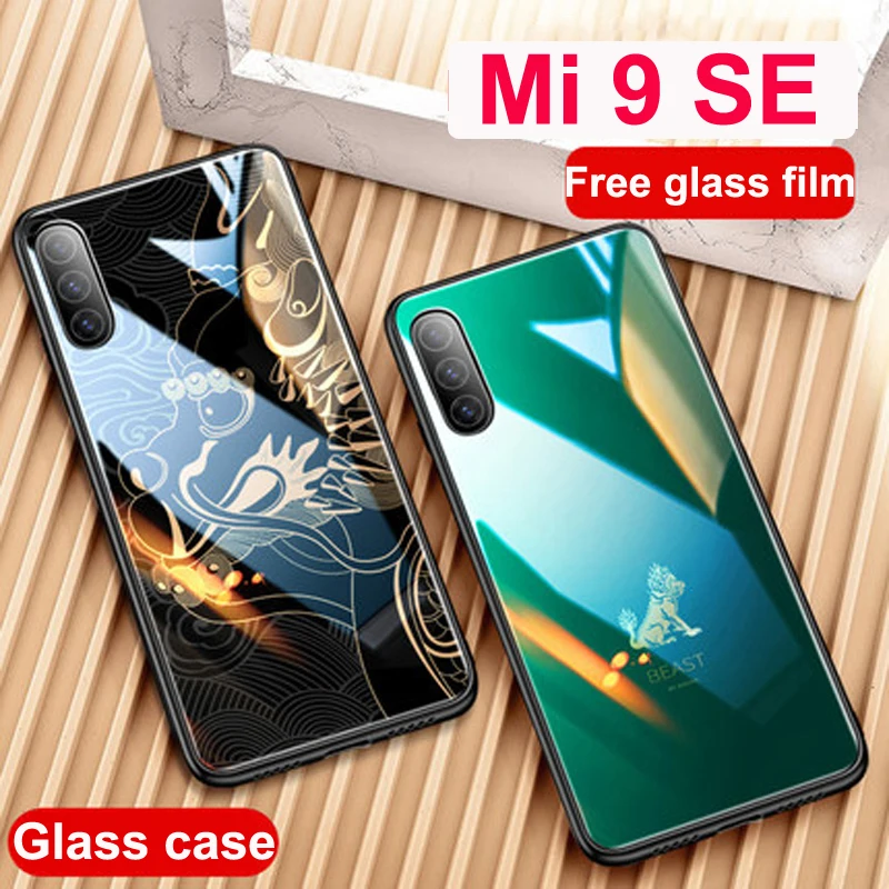 

For xiaomi mi 9 SE case beast dragon lion Tempered glass cover cases For xiaomi mi9 SE full Protective glass case for mi9SE bags