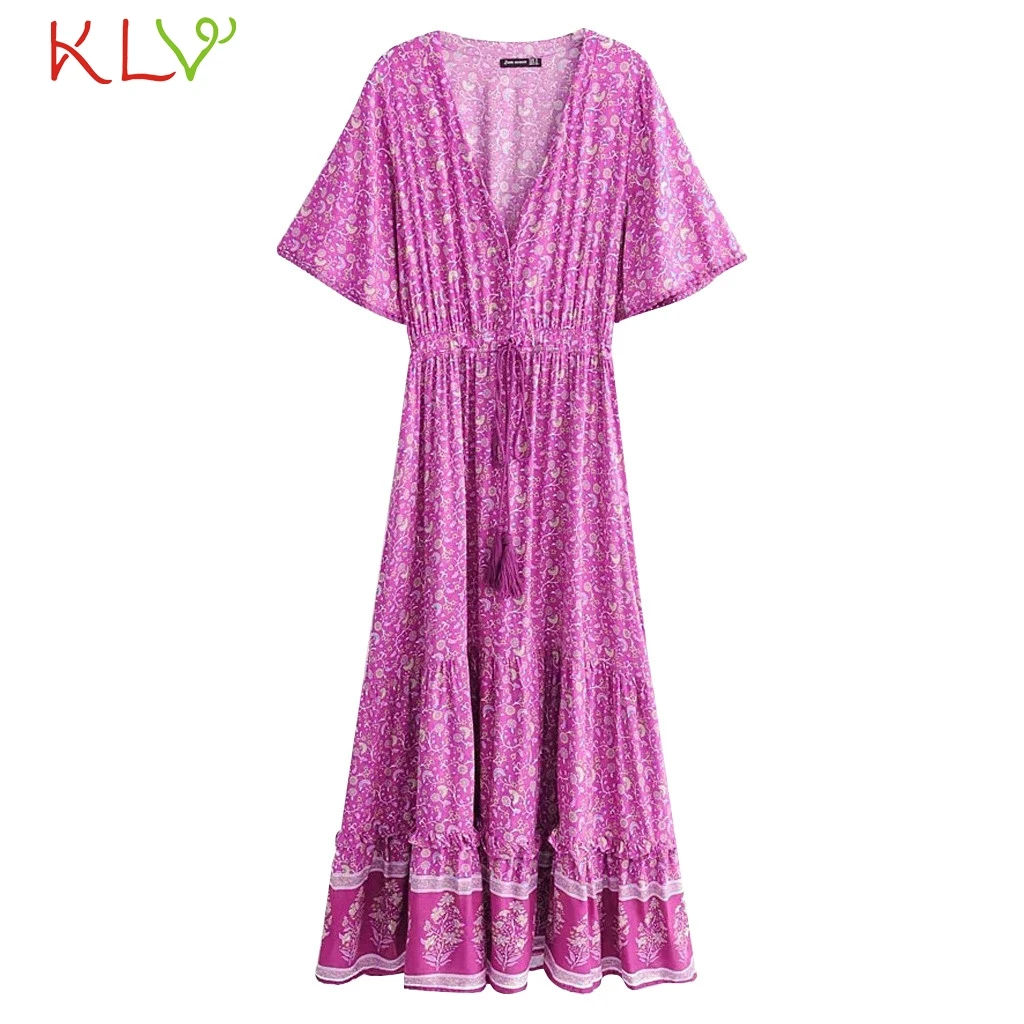 Женское повседневное винтажное платье макси с коротким рукавом и кисточками, пляжные вечерние платья, летние платья, женские платья 19A11 - Цвет: Hot Pink