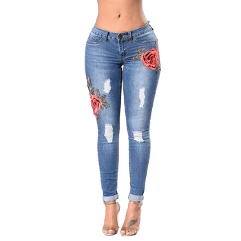 

Women Slim Embroidery Floral Denim Skinny Ripped Jeans High Waist Stretch Floral Jeans Pencil Trousers