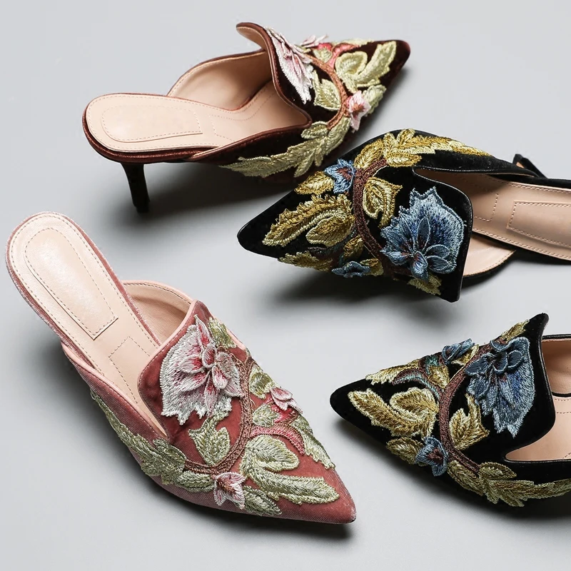 

HZXINLIVE Velvet Flower Embroider Women Mules High Heels Shoes Woman Sexy Valentine Shoes Women Pumps Ladies Slides Sandals