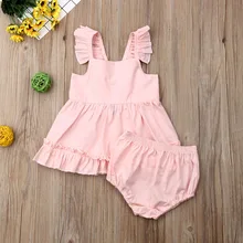 Pudcoco/Летняя Одежда для новорожденных девочек однотонное платье без рукавов с оборками Короткие велотрусы, 2 предмета, наряды одежда из хлопка
