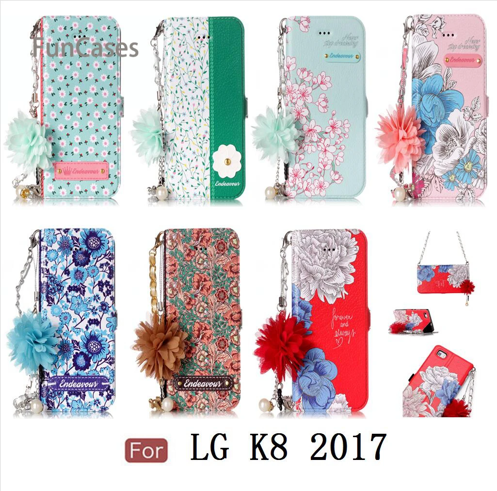 Идеальный вишни случае СПС Estojo LG K8 2017 Европейская версия ПУ кожа цепи шарик чехол LG K8 2017 ЕС Версия