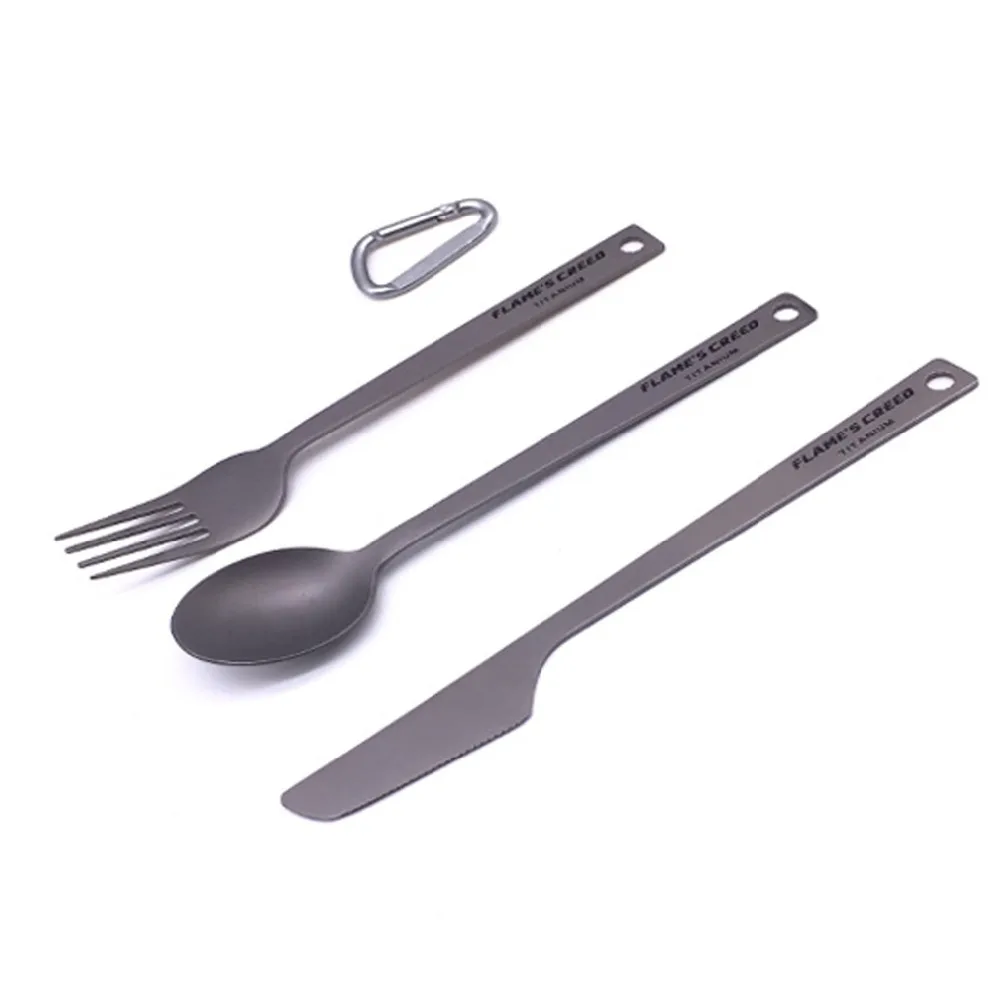 FLAME'S CREED portátil 3 piezas de titanio cubiertos cuchillo tenedor cuchara Camping Picnic vajilla y utensilios de cocina Kit