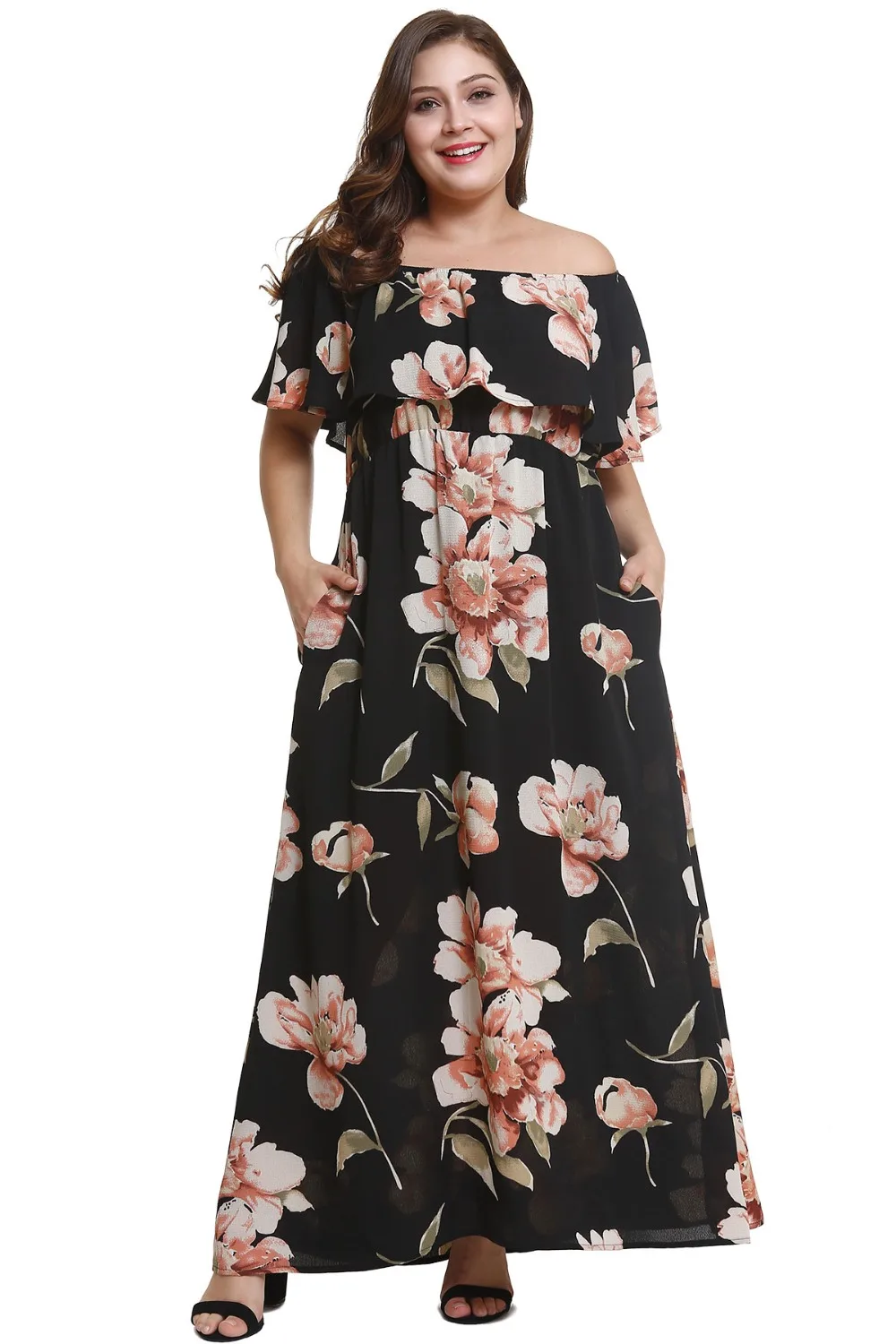 Gladiolus Sexy Off Shoulder Ruffles Women Slash Neck Floral Print Pocket Summer Maxi Dress Casual Plus Size Robe Femme Ete 2018 (14)