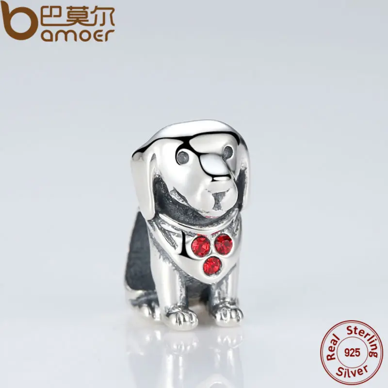 BAMOER 925 Sterling Silver Dog Animal Beads Charms With Red Created Stone for DIY Bracelet Jewelry Making Baby Gift SCC016