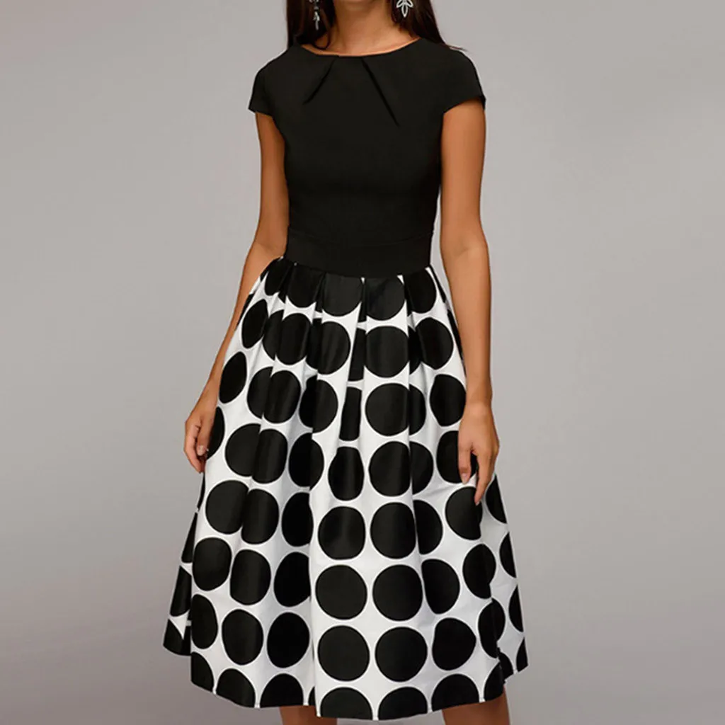 

Feitong A-Line Summer Dress Women Elegant Wave Point Pocket Sashes Mid-Calf Splice Casual Dot Print Long Party Dress 2019 New