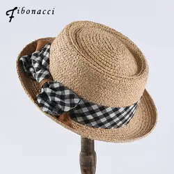 Фибоначчи 2019 новые летние соломенные из пальмового волокна фетровые мягкие шляпы Мода плед лук котелок фетровая шляпа-пирожок для женская